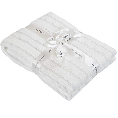 NTBAY 100% Pure Cotton Cable Knit Toddler Blanket, Super Soft Warm Breathable 30x40 Baby Blanket for Crib, Stroller, Nursery, Travel, Newborn, 30x40 Inches, White - color: White