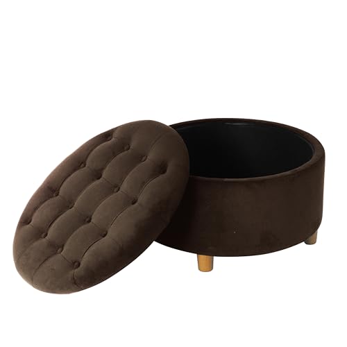 HomePop 28" Button Tufted Velvet Round Storage Ottoman - Chocolate Brown Velvet - color: Chocolate Brown Velvet