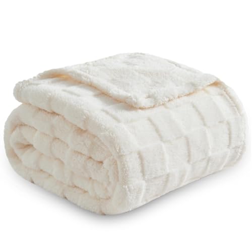 NEWCOSPLAY Super Soft Throw Blanket Ivory Premium Silky Flannel Fleece 3D Checkered Lightweight Bed Blanket All Season Use (Ivory Checkered, Throw(50"x70")) - color: Ivory Checkered, size: Throw(50"x70")