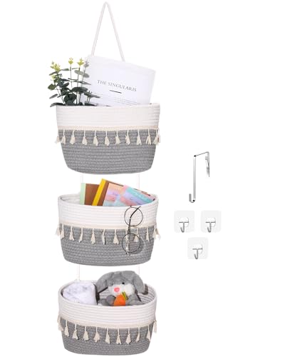 SiliFine Over the Door Hanging Basket Boho Woven Wall Hanging Baskets 3-Tier Cotton Wall Mounted Storage Organizer Bag Macrame Decorative for Kitchen Laundry Room Stairs(Gray, White) - color: Gray, White