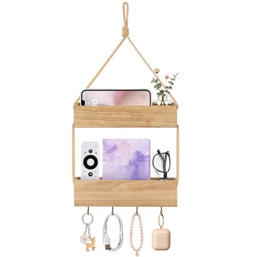 Mkono Macrame Hanging Shelf for Bedside Shelf Organizer with Hooks, Boho Wall Decor Cute Vintage Wood Floating Shelves for Girls Bedroom Dorm Nursery, Wall Storage for Phone, Remote, Accessories