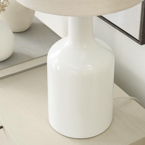 Nourison Home 22" White Glossy Ceramic Table Lamp with Oatmeal Linen Shade for Modern Farmhouse, Bedside Lamp, Living Room Lamp, Small Accent Lamp for Dining Room - color: White