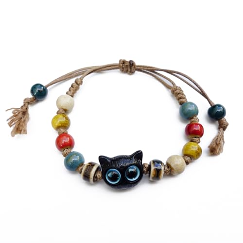 Handmade Green Boho Bracelets for Women, Bohemian Ceramic Beads Bracelets for Friends, Trendy Porcelain Stone Beaded Bracelets for Sisters - color: Colorful-Cat