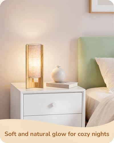 EDISHINE Small Wood Table Lamp, 13.5" Modern Bedside Lamp, Beige Linen Shade, Natural Wood Cylinder Nightstand Lamp for Bedroom Living Room, On-Off Line Switch, E26 Base (Bulb Not Included) - color: Natural Wood Color