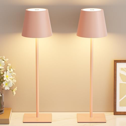 Kakanuo Pink Cordless Rechargeable Table Lamp 5000mAh Battery Operated Lamps, 3 Colors Stepless Dimming Touch Lamp for Living Room, Kitchen Counter, Dining, Outdoor Patio, 2 Pack - color: Pink, size: 2 Pack 14in - Up and Down Light