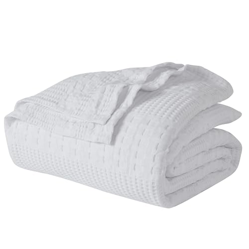 VHC Brands 100% Cotton Waffle Weave Queen Blanket 90"x90", Decorative Lightweight Spring and Summer Throw Blanket, Bedroom Decor for Bed, Couch, or Sofa, White - color: White, size: Queen (90"x90")