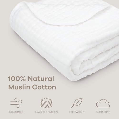 Comfy Cubs Muslin Baby Blanket - Soft, Lightweight, 6-Layer Cotton Swaddle Blankets for Newborns, Infants & Toddlers - 40" x 40" Large, Breathable & Versatile for Sleeping & Tummy Time - White - color: White, size: Baby - 40" X 40"
