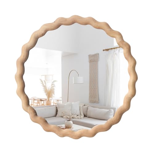 Irregular Wall Mirror,Wood Round Farmhouse Mirror Unique Vanity Mirror,18" Nature Wooden Modern Bathroom Mirror for Washroom Living Room Bedroom - size: 18"L x 18"W