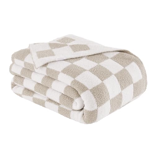Checkered Throw Blanket, Taupe Soft Cozy Fluffy Knitted Throw Blankets for Couch, Sofa, Bed, Chair, Warm Fuzzy Travel Picnic Lightweight Plaid Blanket, 50x70 inches - color: Taupe, size: 50×70 Inch