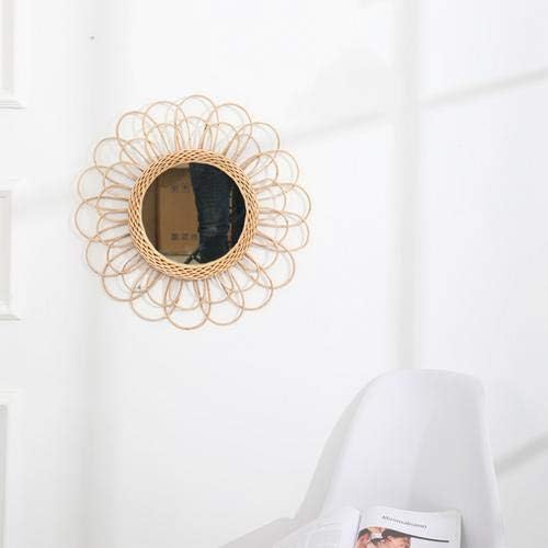 Hanging Mirror - Rattan Sunflower Circular Wall Mirror, Decor Bathroom Boho Nordic Wicker Dressing Makeup Mirrors for Inodoor Home Office Living Room Hallway (15.75inch)
