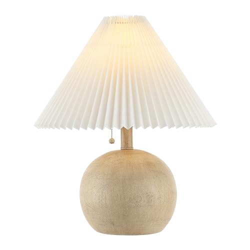 JONATHAN Y 17.25" Beige Wood Finish/White Sphere Table Lamp, Mid-Century Bedside Nightstand with Beige Pleated Linen Shade, Scandinavian Coastal Style, LED Bulb Included (JYL1145B) - color: Beige Wood Finish