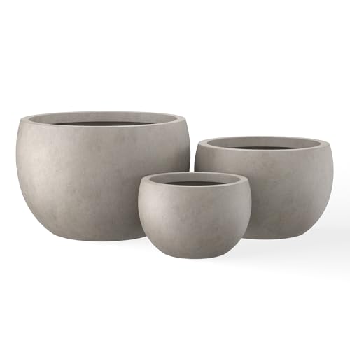 Kante 19.9",15.7",11.8" Dia Round Concrete Planter Set of 3, Outdoor/Indoor Large Bowl Plant Pots with Drainage Hole and Rubber Plug for Garden Patio Balcony Home, Weathered Concrete - color: Weathered Concrete, size: 19.9"D + 15.7"D + 11.8"D