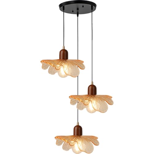 Amber Petal Glass Swag Pendant Light Fixture, 3-Light Rustic Wood Cluster Hanging Light, Adjustable Height for Greenhouse Cottage Living Room Farm Bistro Island - color: Amber, 3 Lights