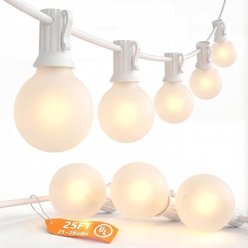 SUNSGNE 25FT G40 LED Outdoor White String Lights with 27 White Solid Shatterproof Globe Bulbs (2 Spare), Outdoor Hanging Edison Lights for Room Café Bistro Pergola Tents, White Wire - color: Solid White-White, size: 25FT