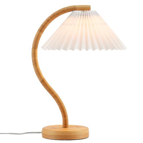 Boho Hand Woven Rattan Table Lamp with White Fabic Shades Plug in and Play Gooseneck Table Light for Bedside Living Room Bedroom Office