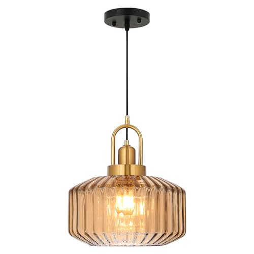 11.8in Mid Century Modern Pendant Light, Gold Large Amber Glass | Vintage Lighting Fixture Ceiling Hanging Lamp for Kitchen Island Foyer Dining Room Bedroom Entryway Hallway Over Sink Table - color: Amber & Gold Hardwire, size: 11.8in