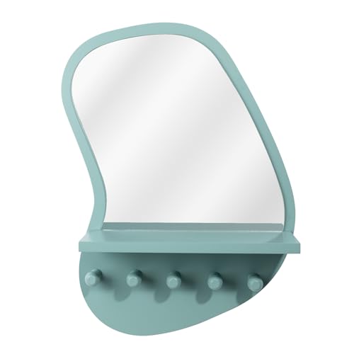 SANY DAYO HOME Wall Mount Wood Frame Irregular Mirror with 5 Wooden Hooks and Shelf, Modern Decorative Hanging Mirror for Entryway, Bedroom, Living Room (16″ x 12″, Turquoise) - color: Turquoise