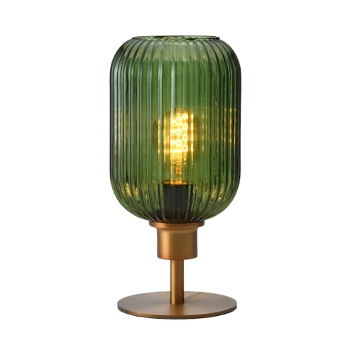 Mid Century Glass Table Lamp,Dimmable Desk Lamp,LED Bulb Included,Timer Build-In,Green Ribbed Glass - color: Green Ribbed, size: Timer