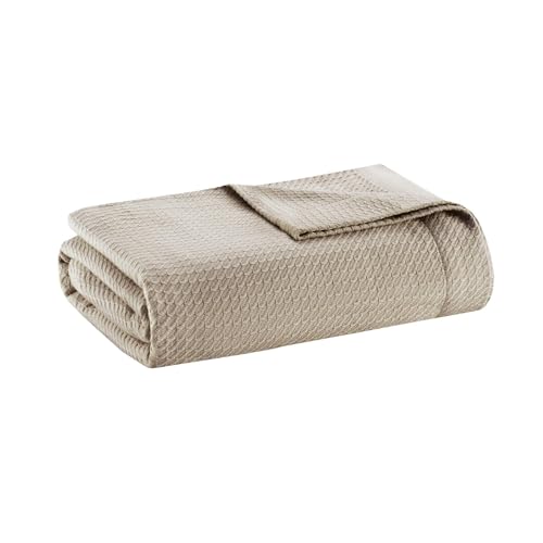 Madison Park 100% Egyptian Cotton Lightweight Summer Blanket, Breathable Waffle Knit Design, Soft Cozy All-Season Throw for Bed, Couch or Sofa, Khaki Taupe Full/Queen Size (90"x90") - color: Khaki, size: Full/Queen