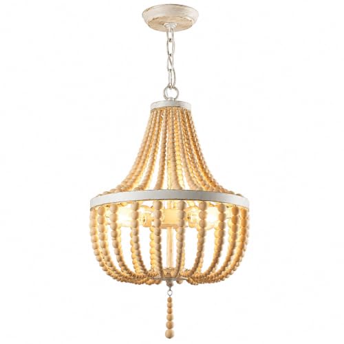 3-Light Mini Bohemian Wood Beaded Chandelier Pendant Boho Light Fixture,Antique Metal Finish Natural Color Wooden Beads, for Bathroom,Living Room,Entryway and Bedroom… - color: White distressed, size: Hardwired-3 Light