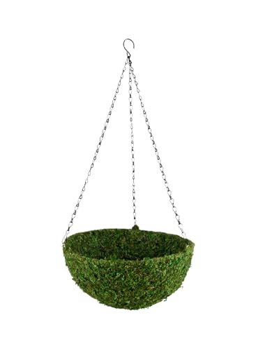 Serene Spaces Living Preserved Green Moss Hanging Basket, Decorative Planter with Metal Chain for Floral Arrangements, Garden Weddings, and Event Décor, 12.5" Diameter & 5" Tall