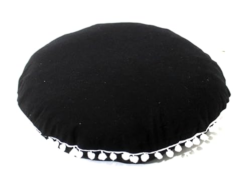 Round Mandala Floor Pillow Cover Seating Cushion Throw Cover Hippie Decorative Bohemian Ottoman Pouf Cover, Pom Pom Pillow Cases,Boho Indian (Black, 22" Round) - color: Black, size: 22"D x 4"W x 22"H