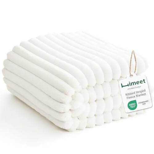 HIMEET Fleece Off White Throw Blanket for Bed - 300GSM Ribbed Cozy Blanket for Couch, Graduation Birthday Gifts for Women Men Her, College Dorm Essentials Boho Aesthetic Room Throws, 50x60 Inches - color: Off White, size: Throw (50" x 60")