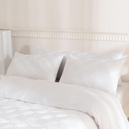 JELLYMONI Pillowcases King Size Bright White 2 Pack Boho Plaid Bed Pillow Covers 20x36in Polyester Envelope Pillow Shams Tufted Bohemian Textured (Pillows are not Included) - color: 04 - Bright White - Grid, size: 36" x 20" (Pack of 2)