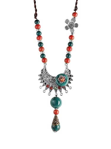 MINACHI Vintage Bohemian Colorful Ceramic Bead Antique Flower Y Necklace, Vintage Boho Hippie Statement Jewelry Gift for Women - color: S02A