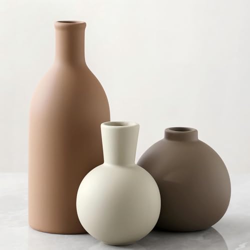 Vase Set of 3 | Ceramic Neutral Vases Home Decor | Rustic Flower Pottery Vases Modern Farmhouse Vase for Table Entryway Mantel Centerpiece Bookshelf Living Room Bathroom Bedroom -Brown Large - color: 001-brown-larger