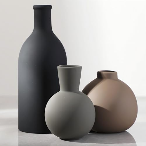 Ceramic Vase Set of 3 | Neutral Vases Home Decor | Modern Flower Pottery Vases Rustic Farmhouse Vase for Table Entryway Mantel Centerpiece Bookshelf Living Room Bathroom Bedroom -Multicolor Large - color: 001-multicolor-larger