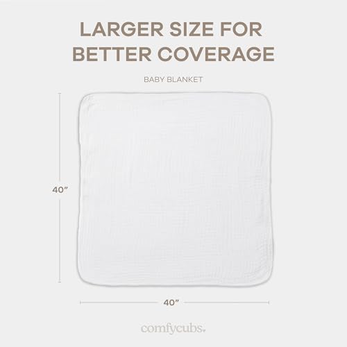 Comfy Cubs Muslin Baby Blanket - Soft, Lightweight, 6-Layer Cotton Swaddle Blankets for Newborns, Infants & Toddlers - 40" x 40" Large, Breathable & Versatile for Sleeping & Tummy Time - White - color: White, size: Baby - 40" X 40"