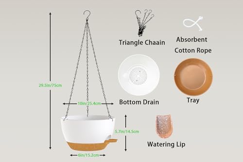 Hanging Planters, 3-Pack 10 Inch Self-Watering Pots with Drainage Holes and Chains, Matte Plastic Planters for Indoor/Outdoor Plant（White Brown） - color: White Brown, size: 10 inches