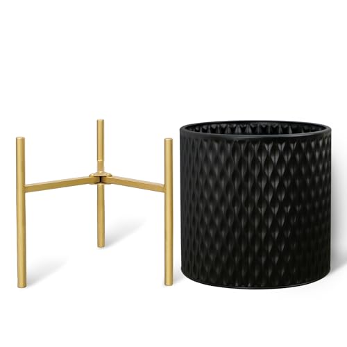 ARNIS Plants Pots with Stand, Large Size Flower Pots, Set of 2 Unique Mid Century Decorative Metal Flower Pots with Drainage,10.5&12.25 Inch, Black - color: Matte Black, size: 10.5 &12.25