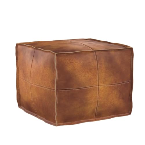 ARTOUARZAZATE Square Leather Pouf - Moroccan Pouf - Genuine Goatskin Leather - Bohemian Living Room Decor - Hassock & Ottoman Footstool - Unstuffed (Brown, 18" D x 18" W x 14" H) - color: Brown