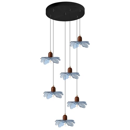 6-Light Blue Glass Flower Chandelier, Adjustable Height Staircase Pendant Light, Modern Mid Century Floral Hanging Ceiling Fixture for Living Room Dining Room Foyer Entryway - color: Blue, 6 Lights