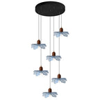 6-Light Blue Glass Flower Chandelier, Adjustable Height Staircase Pendant Light, Modern Mid Century Floral Hanging Ceiling Fixture for Living Room Dining Room Foyer Entryway - color: Blue, 6 Lights