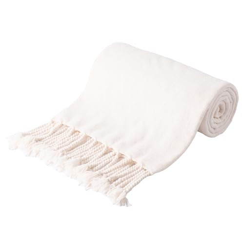 BATTILO HOME Cream White Chenille Throw Blanket for Couch, Soft Cozy Textured Knit Throw Blanket with Handmade Fringe Tassels, Lightweight Decorative Farmhouse Blanket for Sofa Bed Chair, 50"x60" - color: Cream White