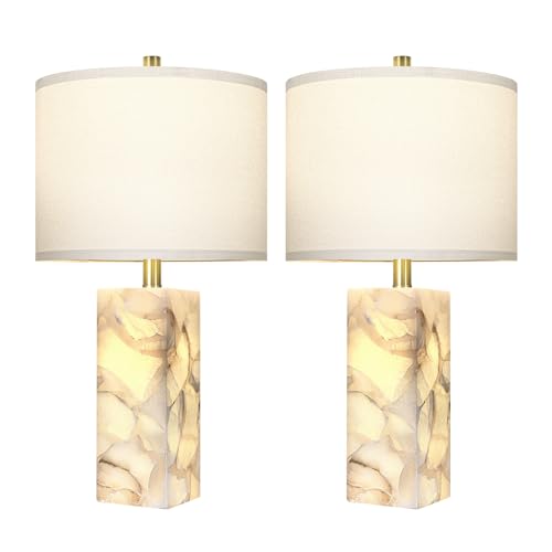 Scenekoy Alabaster Table Lamp Set of 2 with Night Light for Bedroom Living Room, 23" Rotary Switch Bedside Lamp with Linen Shade, Modern Nightstand Lamps for Room Office Dorm (Bulb Included) - color: White