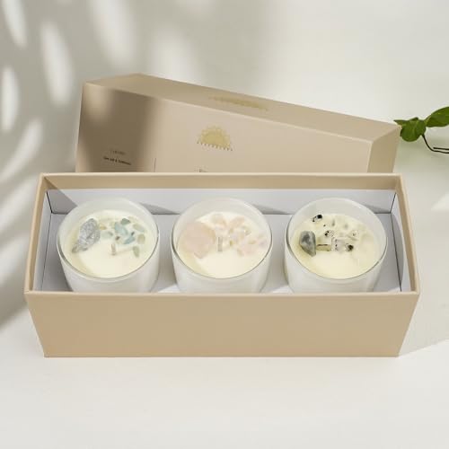 AvaConcept Healing Crystal Candle Gift Set – Set of 3 Celestite, Rose Quartz & Moonstone Hand-Poured Soy Wax Sea Salt Driftwood, Blackcurrant Rose & Amber Noir Aromatherapy Scents Premium Gift Box - size: 3.5oz, style: Sea Salt Driftwood, Blackcurrant Ros