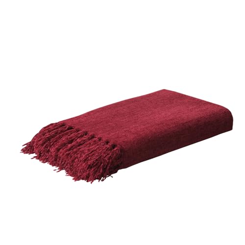 Burgundy Red Chenille Throw Blanket for Couch Bed，Soft Cozy Throw Blanket with Handmade Fringe, Decorative Blanket for Sofa Chair Living Room for Gift, (Burgundy Red) - color: Burgundy Red, size: 60" x 80"