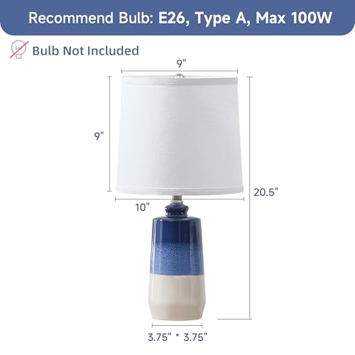 EUO 20.5" Ceramic Blue Lamps for Nightstand Set of 2, Blue Table Lamps for Living Room Set of 2, Coastal Table Lamp for Bedroom with White Barrel Lampshade, Blue White Ceramic Lamp for Small Space - color: Navy Blue-S