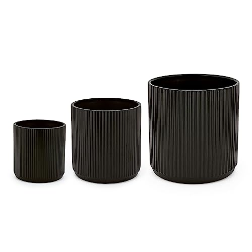 Amazon Basics Fluted Ceramic Planters for Indoor Outdoor Plants, Round Flower Pots with Drainage Hole, Set of 3, 6 inch, 8 inch, 10 inch, Black - color: Black, size: 6 inch, 8 inch, 10 inch