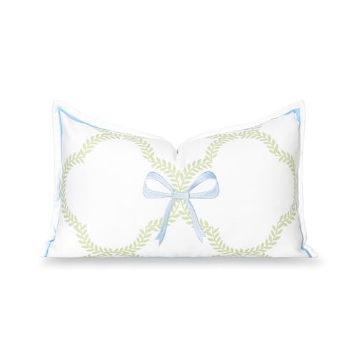 Hofdeco Premium Coastal Grandmillennial Patio Indoor Outdoor Lumbar Pillow Cover Only, 12"x20" Water Repellent for Backyard, Couch, Poolside, Grass Green Embroidered Ribbon Bow Tie on Leaves - color: Grass Green Ribbon Bow Tie on Leaves 12"x20"