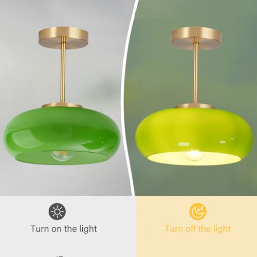 Green Glass Ceiling Light - Mid Century Modern Semi Flush Mount with Green Dome Glass Shade and Gold Brass Finish - Vintage Hallway Light Fixture Hallway Dining Room Kitchen Sink - color: Green