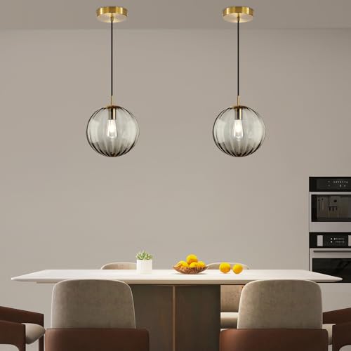 Modern Smoke Grey Glass Pendant Light, Kitchen Island Lighting 2-Pack Globe Pendant Light Fixtures Century Kitchen Island Pendant Lighting for Bedroom Living Dining Room Light Fixture (Without Bulb) - color: BW-Smoky Gray-1 Light-2PC
