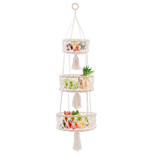3 Tier Hanging Basket, Macrame Hanging Basket for Fruit and Vegetable Storage, Cotton Rope Woven Baskets for Kitchen, Decorative Boho Decor Hanging Plant Holder - color: White