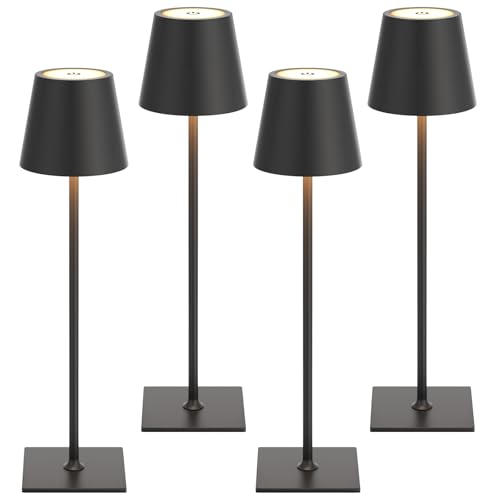 Kakanuo Cordless Rechargeable Table Lamp Black 5000mAh Battery Operated Lamps, 3 Colors Stepless Dimming Touch Lamp for Dining, Living Room, Outdoor Patio, Kitchen Counter, 4 Pack - color: Black 1, size: 4 Pack 14in - Up and Down Light