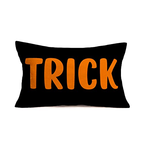 Halloween Lumbar Pillow Covers 12x20 Inch Black Orange Halloween Trick Quotes Throw Pillow Cases Autumn Farmhouse Decorations Cushion Cover Cotton Linen - color: Trick