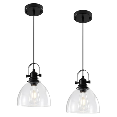 Black Pendant Lights Kitchen Island, 7.5'' Modern Glass Pendant Light 2 Pack, Farmhouse Pendant Lights with Clear Glass Shades, Hanging Island Pendant Lights for Kitchen, Bedroom, Bathroom - color: Clear Glass-Black+Cord, size: 2-Pack